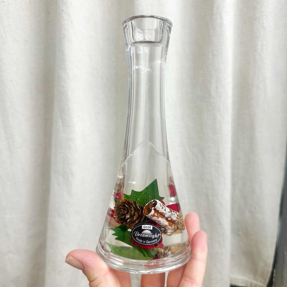 Dreamlight Glass Candlestick Holder Pine Cones Red Berries Decor 7" Germany